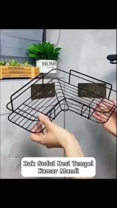 Rak Gantung Sudut Besi Kamar Mandi Model L / Bathroom Iron Corner Shelf / Tempat Penyimpanan Bumbu Dapur Saos Kecap Gula Garam Handuk Sabun Shampoo Sikat Gigi Peralatan Mandi / Rack Keranjang Tempel Dinding Keramik Tanpa Mur Baut Multifungsi - HOMIA