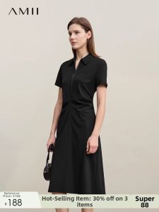 AMII | Summer New Casual Lapel Zipper Flounced Waist Dress