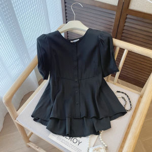 PAIBOLI | Summer Ladies Black Hepburn Style Shirt French Design High Waist Loose Fit Korean Retro Large Size Fashionable Casual Top