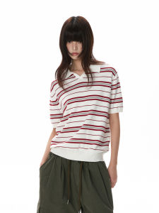 Vintage High-class Red and White Stripes Knit T-shirt