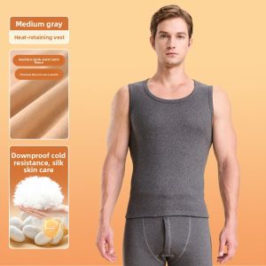 miiow | Mens Warmth Fleece Lined Thickened Down Vest Silk No Trace Base Layer Clothing Autumn Winter U-neck Solid Color Innerwear