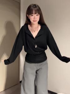Spring Season Slimming Large Size T-Shirt Loose Batwing Sleeve V-Neck Button up Casual Fashion Womens Top Korean Style