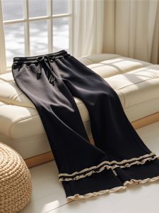 Menswear Commuter Style High Waist Flared Pants Winter 2024 Black Lace Trimmed Straight Leg Trousers Versatile Long Pants