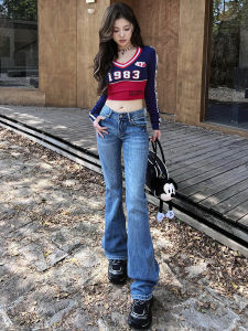 Retro Elastic Low Waist Bell Bottom Jeans Womens Spring Autumn New Style American Slimming Hot Girl Long Cotton Stretch Denim