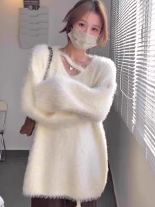 Stylish Mink Fur Knitting Sweater Womens Autumn and Winter Soft Glutinous Thick Loose and Lazy Style V Neck Milk Fufu Tops