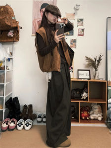 Retro Brown Suede Layered Vest Womens plus Size Autumn Winter round Neck Casual Versatile Leisure Jacket Vest