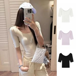 Áo Thun Cotton Modal Tay Ngắn Ôm Vừa Vặn Mùa Hè Cho Nữ Cổ Tròn Màu Trơn Đa Năng Ngắn Năm Tay Áo Dài Tay Thường