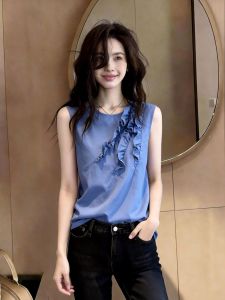 French Style Ruffle Sleeveless Top Slimming Plus Size Women Blue Workwear Summer Fashion