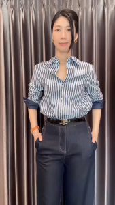 Krista / Classy Striped shirt & High waist sapphire jean ชุดเข้าเซท  เสื้อเชิ๊ตลางทางขาวน้ำเงิน ดีเทลขอบยีน /กางเกงยีนนิ่ม ทรงกระบอกกลาง
