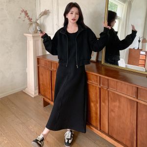 ชุดเดรสสองชิ้นสไตล์เกาหลีฤดูใบไม้ร่วงสำหรับผู้หญิงวัย 18-25 ปี คอตั้ง แขนยาว ซิป ชุดเสื้อกั๊กสเวตเตอร์ เอวสูง