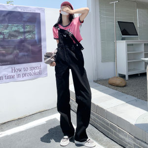 High Waist Denim Overalls Womens Summer Long Tall Size Loose Straight Leggings Jeans Overalls Deep Color