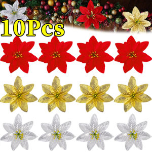 10pcs Large Artificial Christmas Flowers / Poinsettia Christmas Flower for Xmas Tree Ornaments / Glitter Velvet Cloth Xmas Flowers Hanging Pendant / New Year Christmas Wedding Party Decor