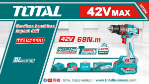 【TOTAL】42V Brushless Impact Drill Set | 69Nm High Torque | Dual Speed Metal Chuck | Includes 47pcs Drill & Driver Bits | Household & Industrial Tool Box