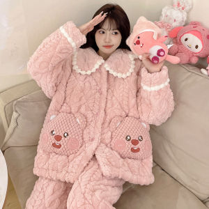 Chikawa Winter Thickened Coral Fleece Pajamas Womens Sleepwear Set Three-Layer Cotton Stitched Pattern Long Sleeve Loungewear