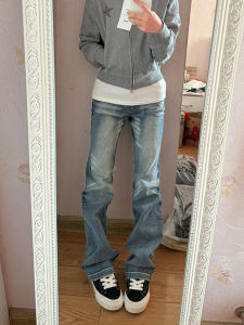 Retro American Low Waist Slim Fit Straight Leg Jeans Womens Autumn Winter Elastic Stretchy Micro Flared Pants Cotton Stretch Denim