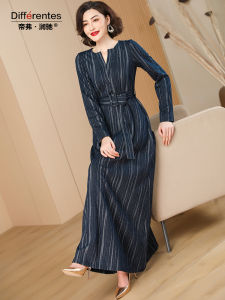 Elegant V-Neck Long Dress Womens Slimming Stripe Hidden Blue New Style Simple Design Midi Dress Polyester Cotton Spandex