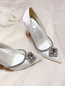 เรียบหรู ผ้าซาติน รองเท้าส้นสูง ผู้หญิง รองเท้า Diamond Studded Maidsmaid ผู้ใหญ่พิธีรองเท้าแต่งงาน ทันสมัย ชิค พื้นยาง