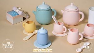 บ้านเด็กเล่นของเล่นซิลิโคนชุดน้ำชายามบ่ายบทบาทเล่นซิลิโคนเกรดอาหารสไตล์อังกฤษของเล่นเด็ก