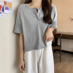 Short Sleeve Short T-Shirt Women Summer New Korean Loose Versatile Half Sleeve Base Shirt Trendy Small Shirt round Neck Button Detail
