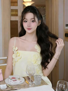 Yellow Gentle Style Embroidered Strap Slimming Fashion Dress