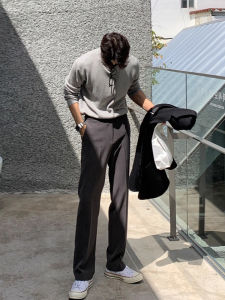 Grey Drapey Wide Leg Mens Suit Pants Casual Long Trousers Fashionable Korean Style Versatile Loose Straight Cut Youthful Trend