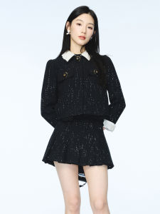 LeFame Lefim 2025 Autumn Winter Glittering Bead Decoration Short Jacket Retro Style A-Line Ladies Fashion Wool Blend Coat