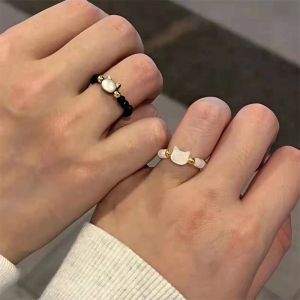 【Free Shipping】Natural Beaded Couple Rings for Men Women Cute Black White Cat Adjustable Rings Handmade Jewelry Lovers Gift