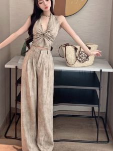 Retro เซ็กซี่คอกระเป๋าเสื้อกั๊กกางเกงเอวสูงชุดผู้หญิงฤดูร้อนสไตล์บางหลวม Fit เอวสูงกางเกงขากว้าง 2 ชิ้น