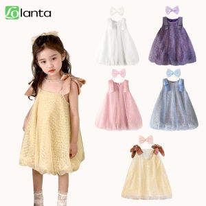 LOlanta Sequin Mesh Princess Dress for Kids Girl Round Neck Sleeveless Suspenders Shiny Bubble Dress Korean Version Party Clothing 3-11 Years