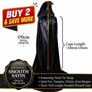 [SG Ready Stock] Black Hooded Satin Cloak Cape 170cm Gothic Vampire Halloween Cosplay Costume Fast Shipping