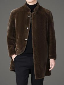 Double-Sided Wear Chinese Style Stand Collar Sheepskin Mens Coat Autumn Winter Middle-Length Fur And Leather Integrated Jacket