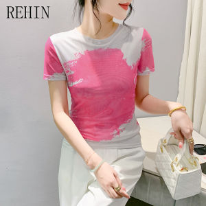 Rehin Áo thun ngắn tay lưới in hình thời trang mới mùa hè Áo áo dáng ôm nữ