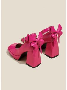 Rose Red Waterproof Platform Ultra High Heel Barbie Shoes 2025 New Thick Heel Mary Janes Strappy Single Shoes Butterfly Knot