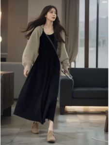 Váy Dài Màu Đen Kiểu Pháp Cổ Điển Áo Len Cardigan Dệt Kim Rộng Rãi Bộ Đồ Hai Mảnh Váy Dài Đến Sàn Váy Dài Đến Đầu Gối Váy Dài Đến Giữa Bắp Chân