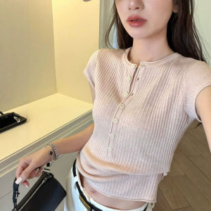 DUOFEIYAN | Áo Thun Slimming Knit Cổ Bán Mở Có Lỗ