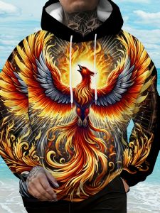 MenS Plus Size Hoodie Long Sleeve Pullover Back Phoenix Fire Design for Casual Streetwear Hoodie Men Womens Hoodie Kids Hoodie