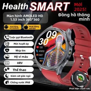 Đồng Hồ Thông Minh Sức Khỏe Mới 2025 Màn Hình 1.53 Inch Đo Điện Tâm Đồ (ECG) Nhịp Tim (HRV) Huyết Áp Oxy Máu Chống Nước IP68 Theo Dõi Giấc Ngủ Hỗ Trợ Gọi Bluetooth Tương Thích Với Android Và iOS
