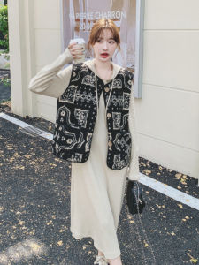 Oatmeal College Style Knitted Dress Set Womens Autumn New Hat Sweatshirt Dress Vest Two Piece Set Casual Loose Waist Polyester Fiber