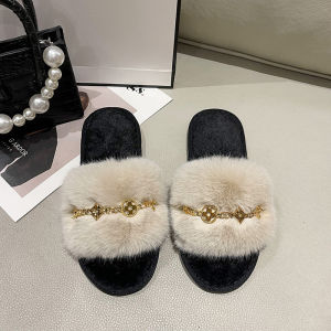 ทันสมัย รองเท้าแตะผ้ากํามะหยี่โซ่โลหะ ผู้หญิง รองเท้าแตะบ้านส้นแบนขน สายคล้อง รองเท้าแตะ ฤดูใบไม้ร่วง ฤดูหนาว รองเท้าแบบสวมข้ามพรมแดน