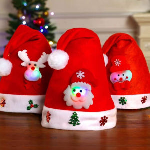 2025 Christmas Hats with Led Lights for Christmas Decoration Santa Claus Snowman Elk Hat Velvet Decal Cartoon Hat Gift for Kids and Adults