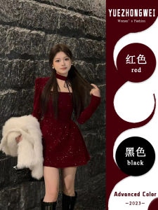 Red Velvet Christmas New Years Dress Womens High Waist A-Line Skirt Long Sleeve Square Collar Inner Short Dress for Autumn Winter