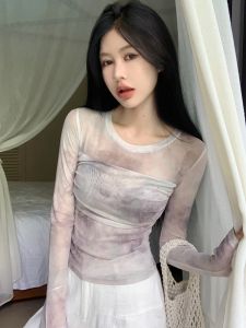 Embroidered Halter Summer 2024 Long Sleeve Slim Fit Mesh T-Shirt Womens Fashionable Breathable Base Layers Casual Office Style  -