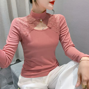 Yimei Áo Thun Nữ Tay áo dài đen nửa cổ cao ren thiết kế cảm giác mùa xuân và mùa thu Áo nữ 2023 Áo lót nữ CAY kéo bó sát mới