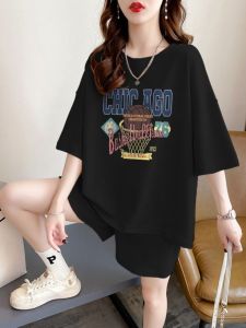 Fat Girl 150.00kg Plus Size Pure Cotton Short Sleeve T-Shirt Shorts Sports Suit Womens Summer Loose Belly-Covering Western Style Two-Piece Suit