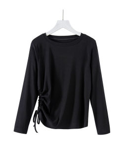 Áo Thun Dài Tay Nữ Gợi Cảm Hở Eo Có Dây Rút Áo Thun Bó Sát Dáng Không Đều Phong Cách Hong Kong Áo Lót Mùa Xuân Cotton 95%