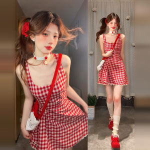 French Vintage Red Plaid Lace Halter Dress Summer New Design Sensation Uneven Waist A-Line Mini Skirt Sweet High Waist No Sleeve