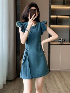 Tea Break French Dress Amoi Chinese Button Knots Flying Sleeve round Neck Slimming Girlish Style Washed Denim Vest Dress