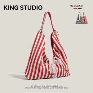 Trendy Striped Canvas Tote Bag Womens Large Capacity Summer Bag Student Class Casual Handbag Korean Style Single Shoulder Bag