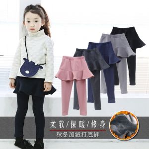 Spring and Autumn Childrens Clothing Winter Girl Casual Leggings Ruffles Fake Two-Piece Velvet Skort Thickened Warm Pants