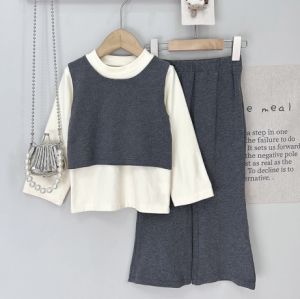 Bear Leader Korean Version Patchwork T-shirt Top+Pants 2-piece Set Olid Color Kids Fashion Wear Plain Long Sleeves Girls Clothes